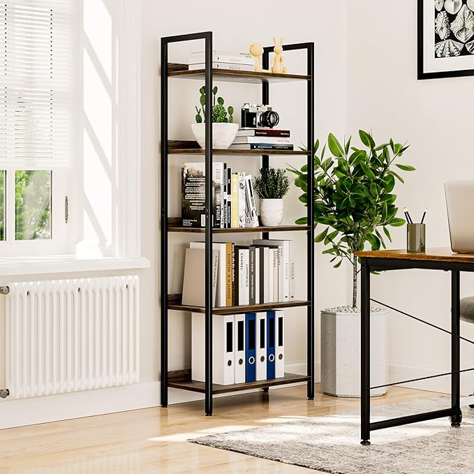 NUMENN Bookshelf, 5 Tier Bookshelves, Home Office Bookcase Shelf Storage Organizer, Free Standing Storage Shelving Unit for Bedroom, Living Room and Home Office, Dark Walnut