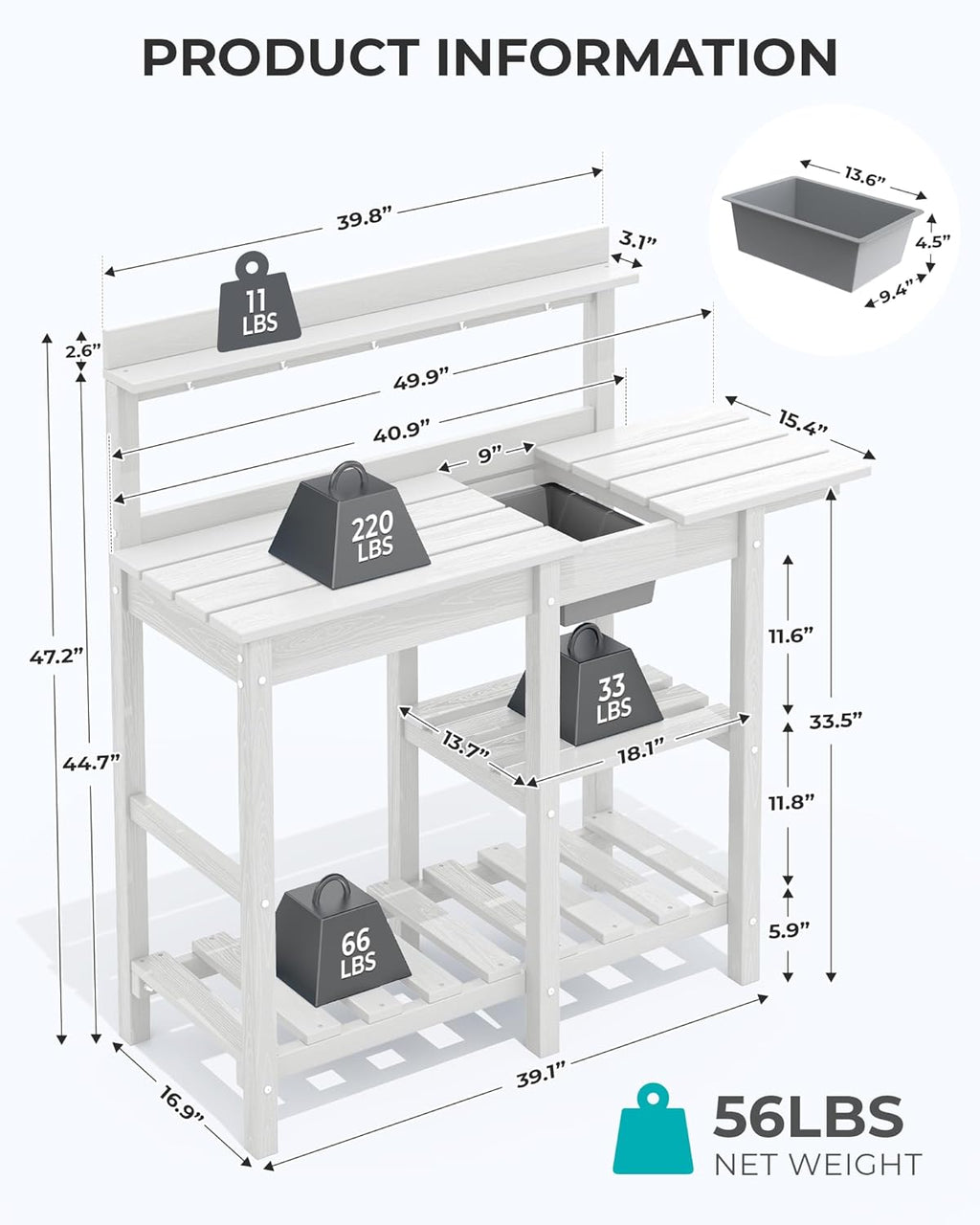 SERWALL Potting Table for Outside All Weather Use- White