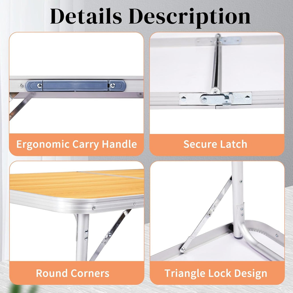 Outvita 3ft Portable Folding Camping Table, Outdoor Waterproof Adjustable Height Table, Aluminum Lightweight Suitcase Foldable Table for Picnic BBQ Beach Dining