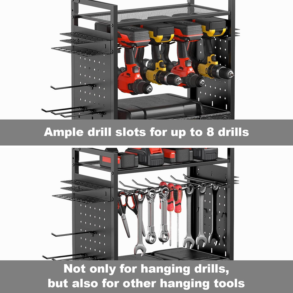 CCCEI Garage Power Tools Organizer Cart with Charging Station, Black Floor Standing Rolling Drill and Tools Battery Storage Cart on Wheels. Utility Rack Gift for Men, Husband, Father.