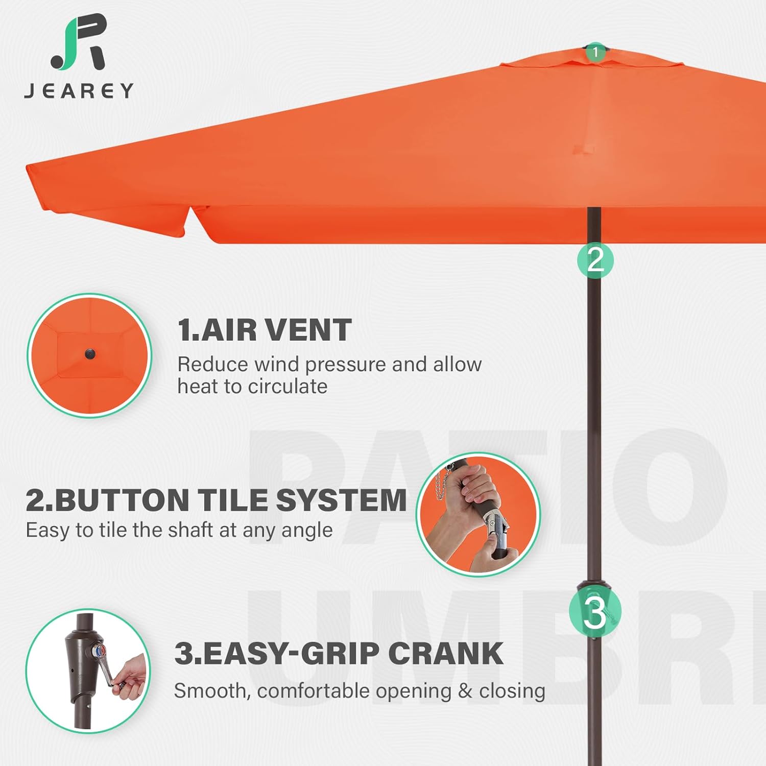 JEAREY 6.6 FT x 10 FT Rectangular Patio Umbrellas Outdoor Large Market Umbrella Pool w/Tilt & Crank Lift System 6 Sturdy Ribs UV Protection Waterproof Sunproof Orange