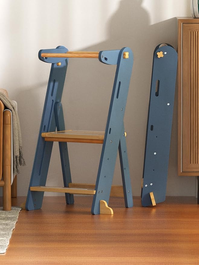 GROWNSY Foldable Step Stool Toddler Tower, Toddler Kitchen Stool Helper, Collapsible Kids Standing Learning Tower with 3 Adjustable Heights and Safety Net for Kitchen Bathroom Sink Counter (Blue Gray)