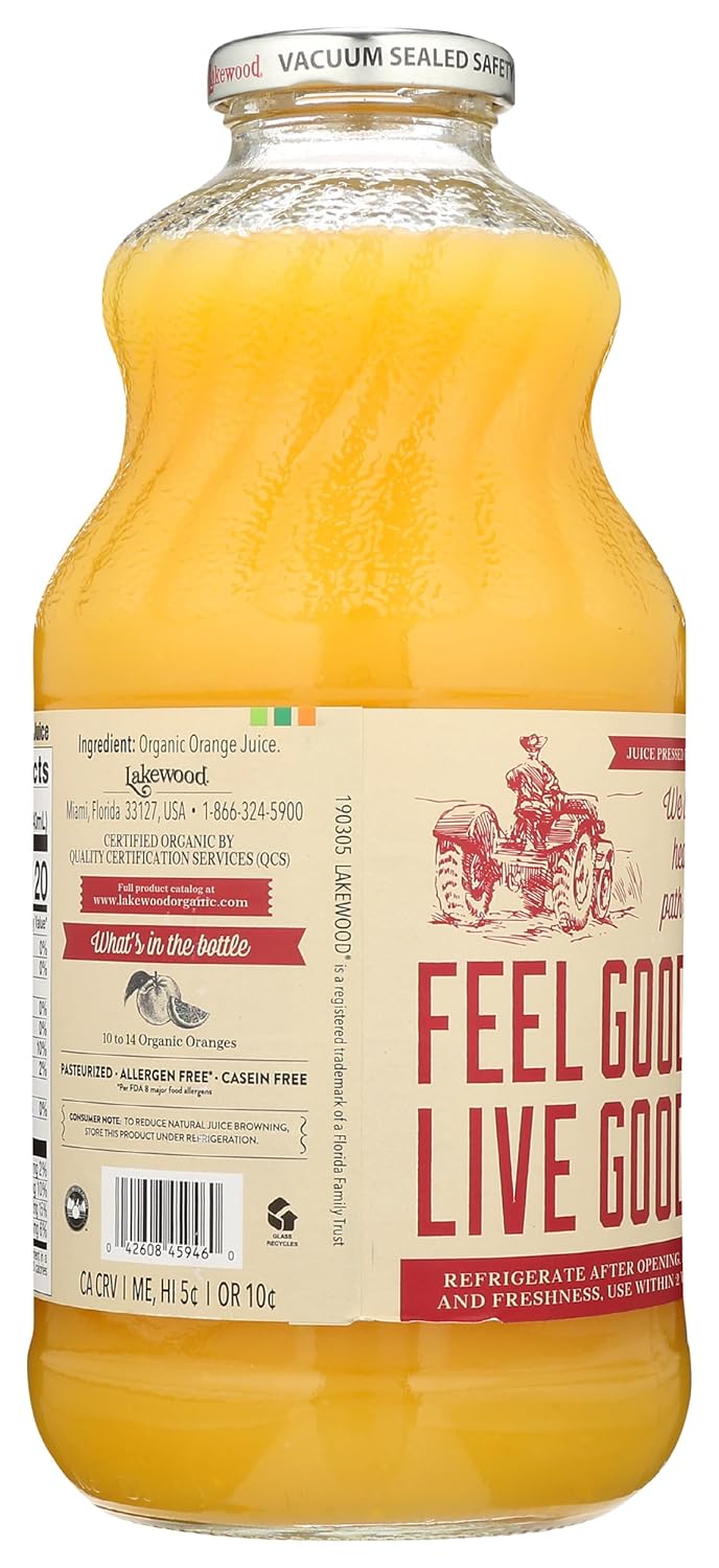 Lakewood Organic Pure Orange Juice (32 Fl Oz, Pack of 6) - Fresh Squeezed Taste