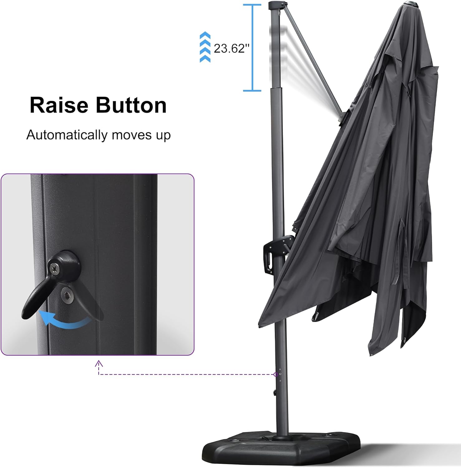 PURPLE LEAF 11.5' X 11.5' Telescopic Patio Umbrella Outdoor Cantilever Umbrella Square Up Down Lifting Offset Umbrella with 360-degree Rotation for Garden Deck Pool Patio Grey