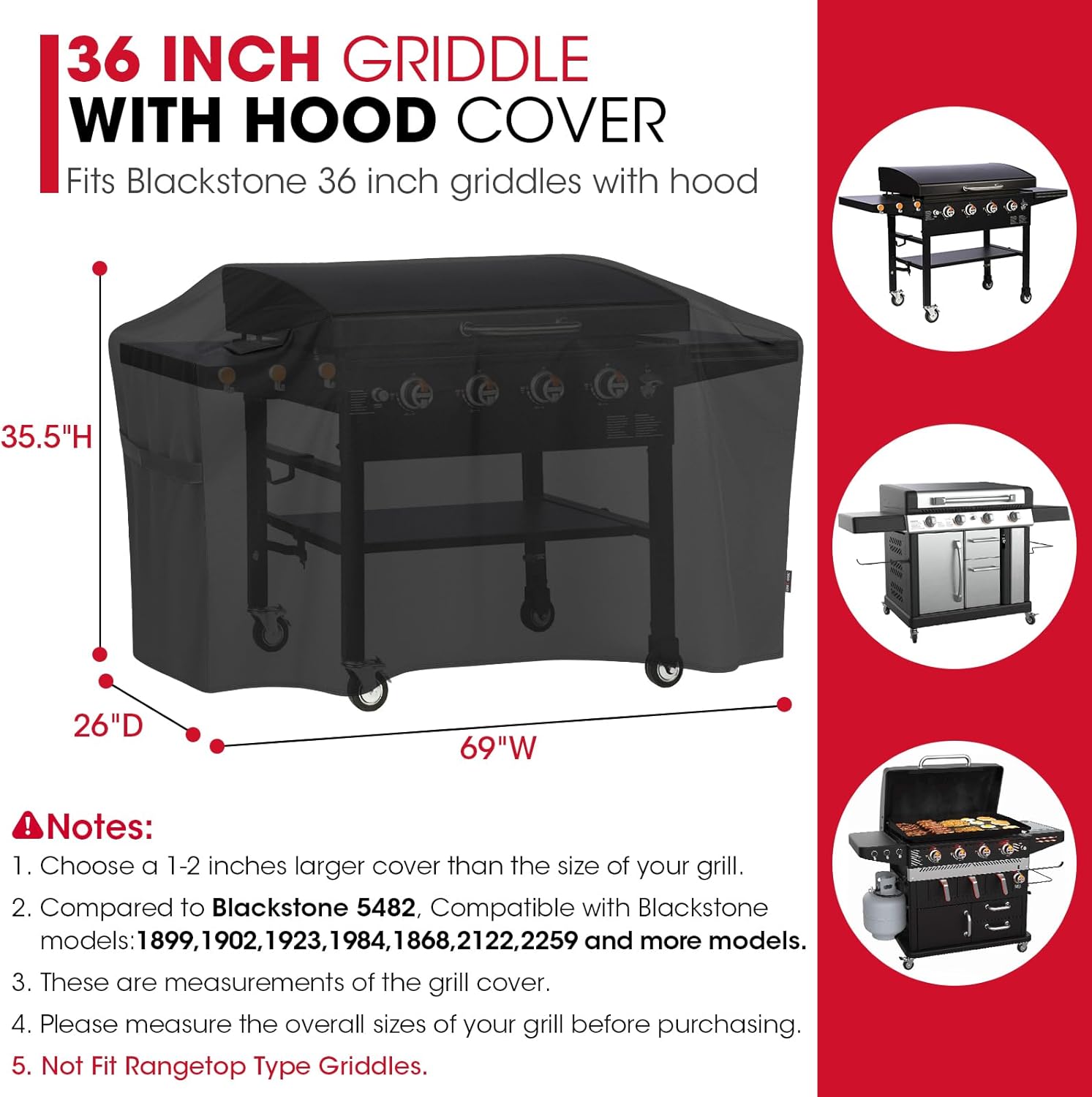 Unicook 5482 Griddle Cover for Blackstone 36 Inch Griddle with Hood, Heavy Duty Waterproof Flat Top Gas Grill Cover for Outdoor Grill, All Weather Protection, Black