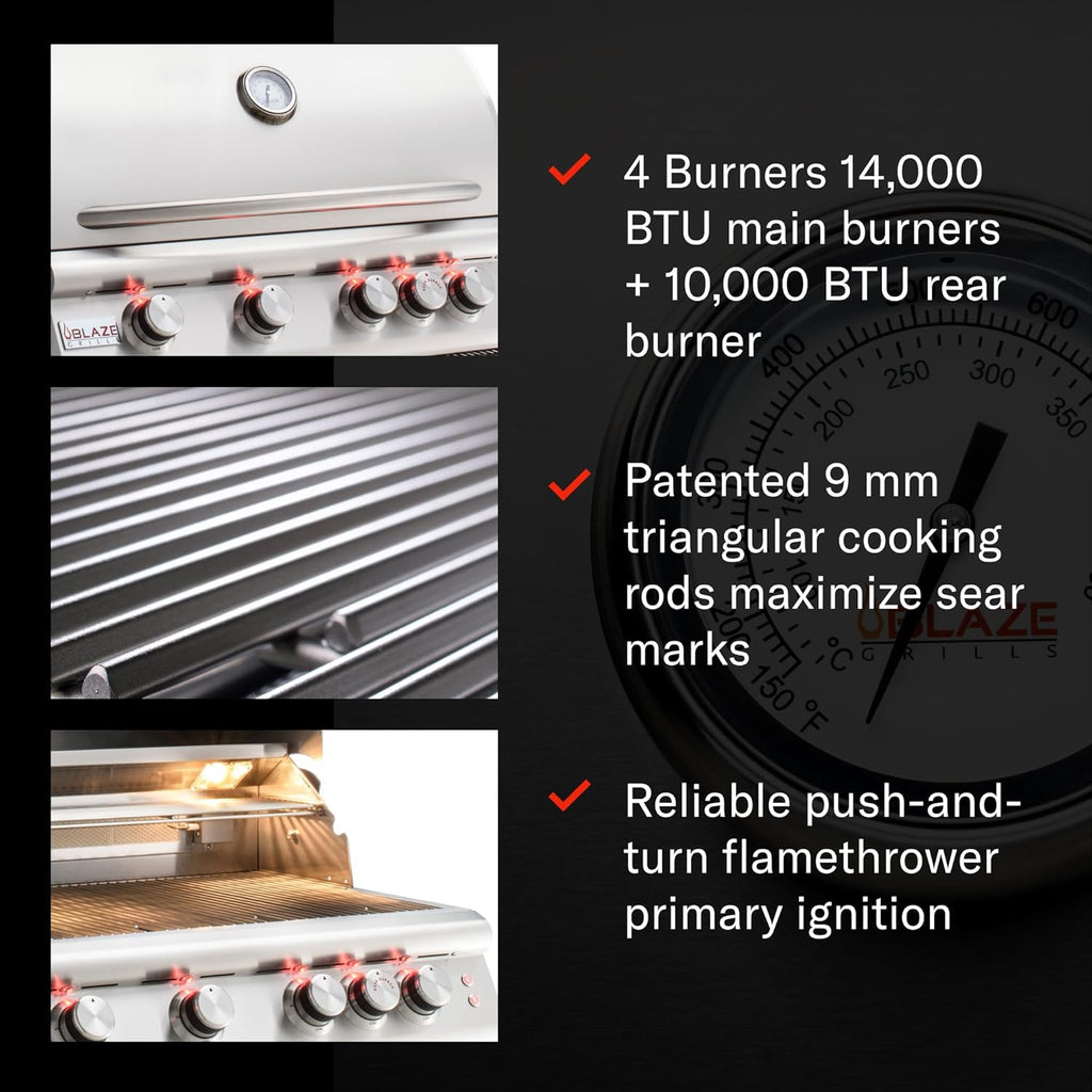 Blaze Outdoor Grill | 32-inch Stainless Steel Natural Gas BBQ Grill | 4 Burner Barbecue | Premium Outdoor Kitchen Grilling | Rear Infrared Burner & Grill Lights | BLZ-4LTE2-NG