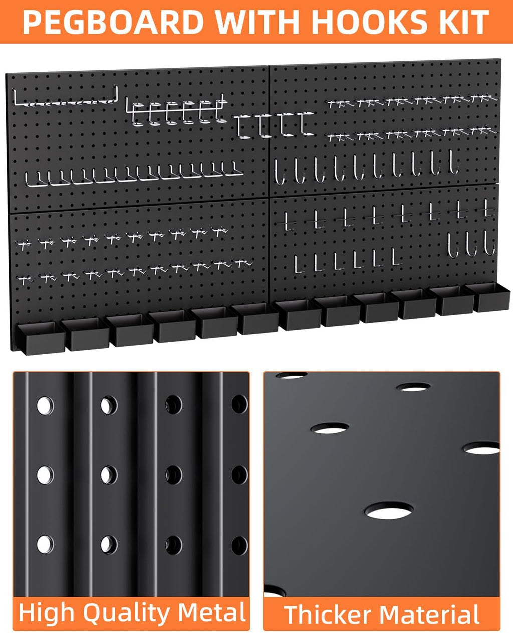 INCLY 158PCS Metal Pegboard Wall Organizer, 48x24 Inch Black Pegboard Panels Tool Organizer Kit with Accessories Hooks and Bins, Peg Board Utility Tool Storage for Garage Workbench Shed