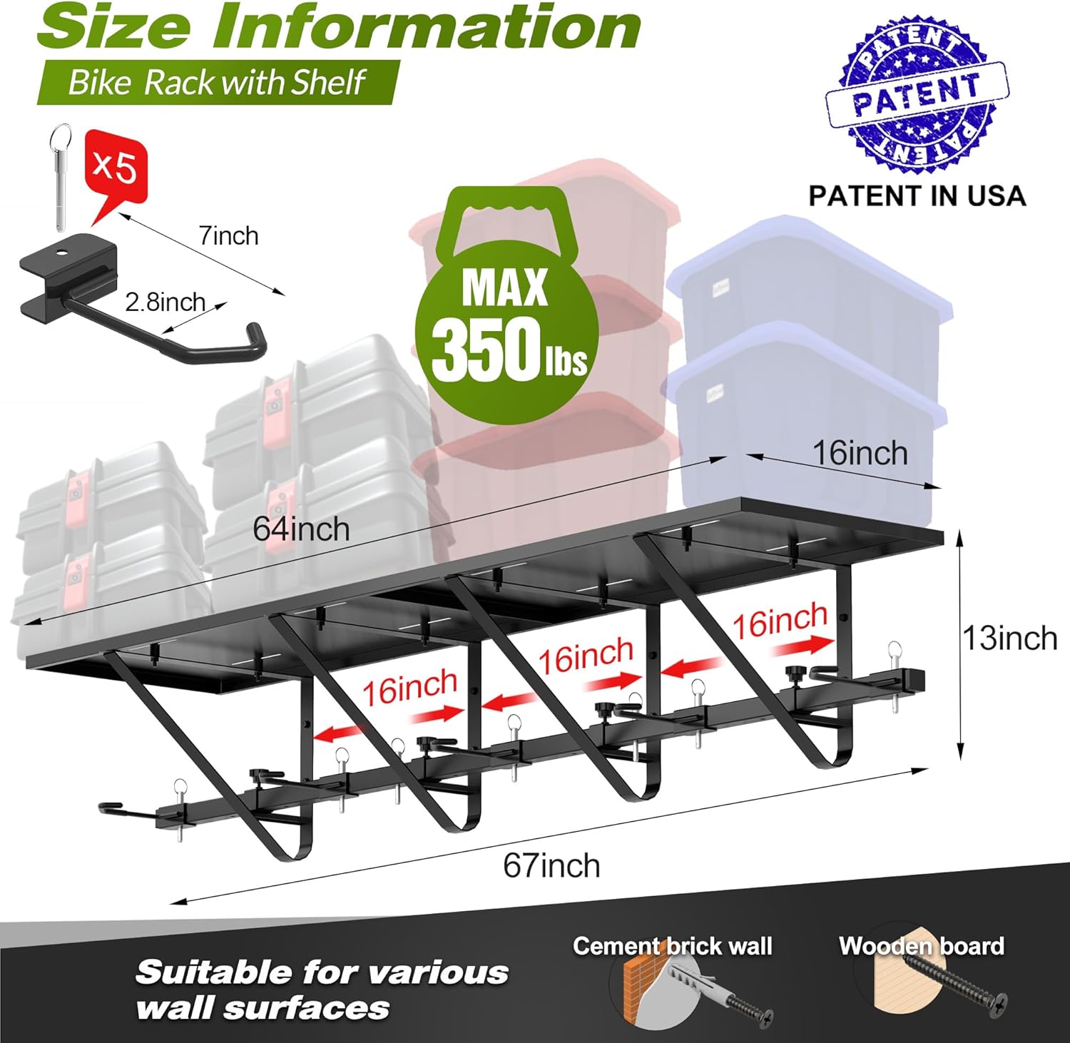 Bike Storage Rack with Shelf, Bike Wall Mount Garage Stand, Bike Hanger Storage Bicycles Hanger Hooks Bike Hooks for Garage Organizer