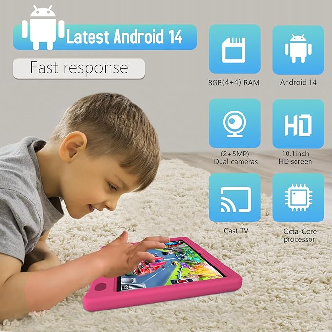 Tablet for Kids 10.1 inch Android 14 6000mHA 8GB RAM+64GB ROM(Expandable to 1TB Kids Tablet Age 3-12 with Case& Lanyard WiFi6 Google Kids Space Parental Control 1280 * 800 HD Screen Pink