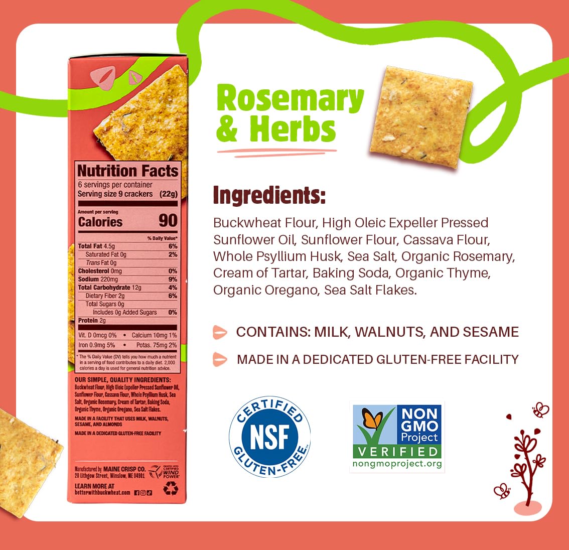 Better With Buckwheat - Rosemary Herb Crackers, 4.25 oz (Pack of 6) - Gluten-Free Snacks