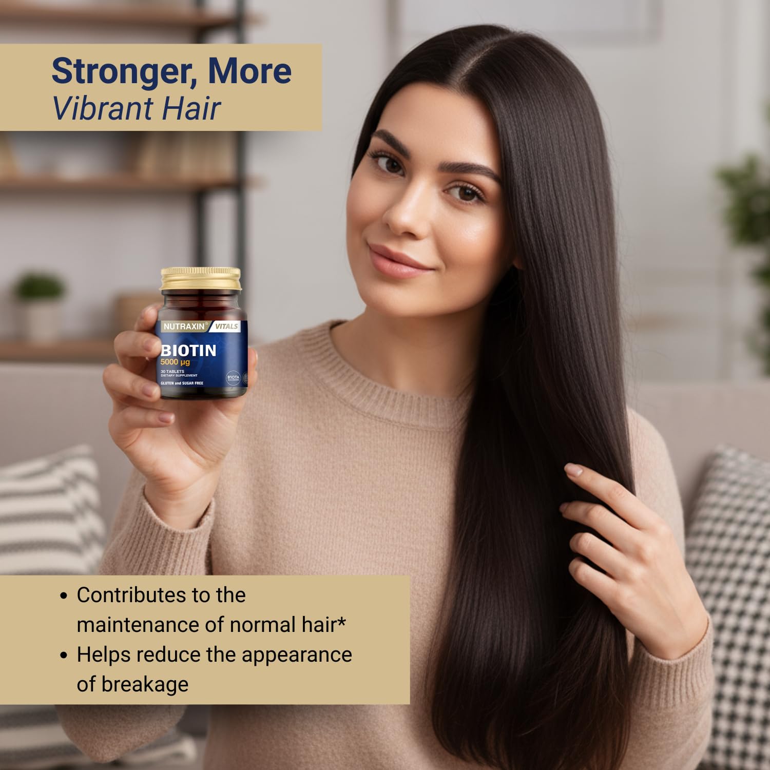 Nutraxin Biotin 5000mcg Supplement - 30 Tablets for Hair, Nail & Skin Health