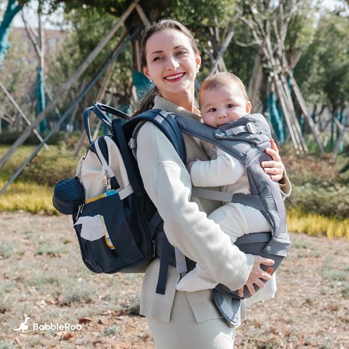 BabbleRoo Grow Carrier – Safety-Certified 6-in-1 Baby Carrier with Hip Seat, Ergonomic & Adjustable Toddler Carrier 7-50 lbs with Hip Support, Hood for Sun Protection, Newborn to Toddler, Denim Leaves