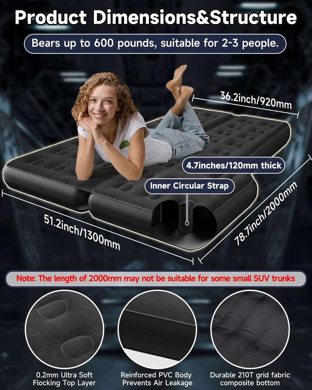 Umbrauto Thickened  SUV Back Trunk Air Mattress 3.0,Black