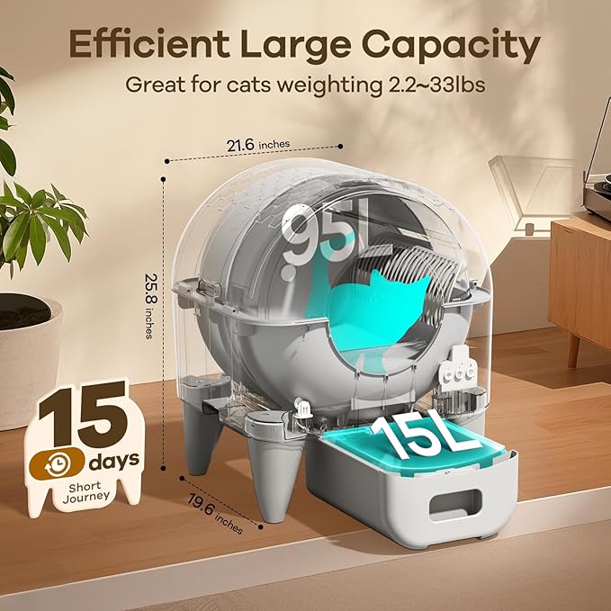 Self Cleaning Litter Box,95L Automatic Cat Litter Box Self Cleaning Large Capacity for Multiple Cats, App-Controlled with Safety Sensors, Removable Washable Liner,2 Rolls Garbage Bags,Grey