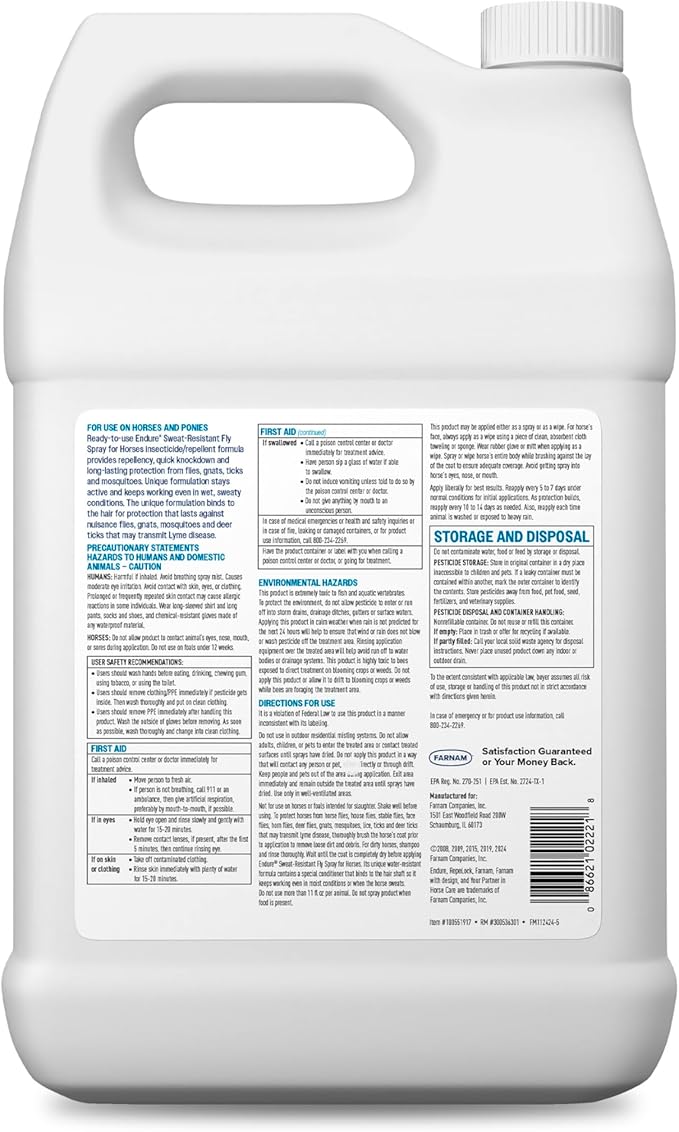 Farnam Endure Sweat-Resistant Fly Spray for Horses, Lasts Up to 14 Days, Protects Against Flies, Gnats, Mosquitoes, Ticks & Lice, 128 oz.