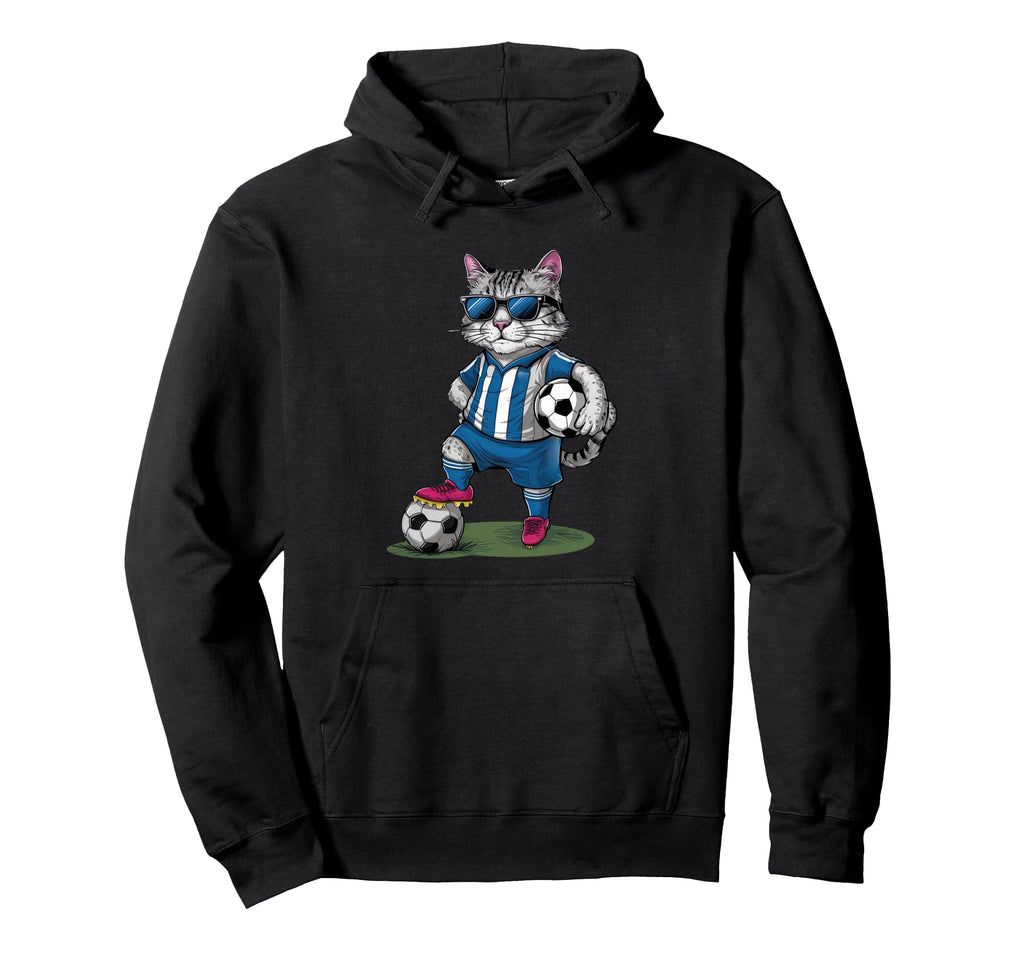 Funny Soccer Cat Cartoon Sports Fan Art Hoodie - Unique Graphic for Adults