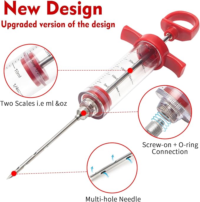 TGE-V 1-oz Plastic BBQ Marinade Injector Kit, Turkey Injector Syringe (3 Stainless Steel Meat Needles + 3 Replacement O Rings + 1 Cleaning Brush) for Smoked BBQ Grill