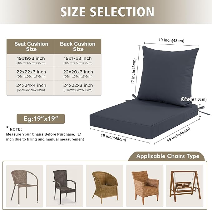 24x24 Inch Outdoor Cushions for Patio Furniture, Waterproof Outdoor Chair Cushions w/Fade-Resistant, Removable & Machine-Washable Covers, Deep Seat Sofa/Couch Pads Replacement – Set of 4, Dark Grey