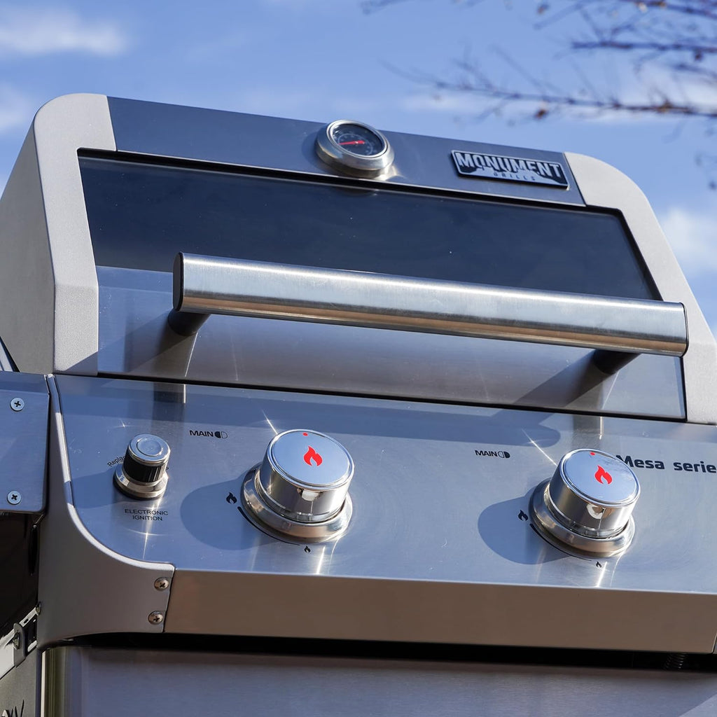 Monument Grills 2-Burner Stainless Steel Liquid Propane Gas Grill, Two Foldable Shelves Patio Garden Barbecue Grill with Clearview® Lid, Knob Control Mesa200S
