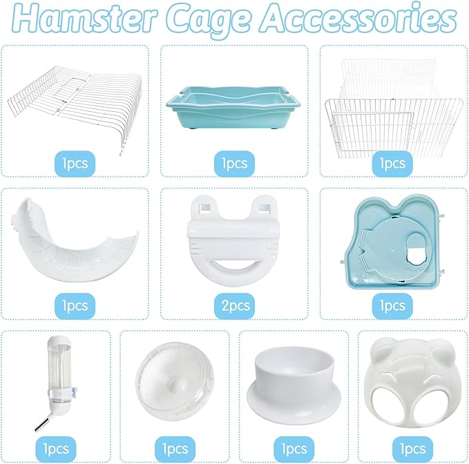 PINVNBY Dwarf Hamster Cage, Small Animal Cages, 2-Tier Travel Portable Mouse Cage Hamster Carrier with Castle House Running Exercise Wheels, Water Bottle and Food Dis（Blue）