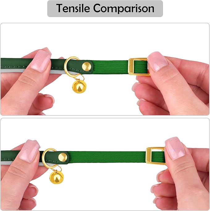 OOPSDOGGY Rolled Leather Cat Collar with Bell - Reflective Kitten Collar with Safety Elastic Strap - Adjustable Small Pet Collars for Boy Girl Cats (Green)