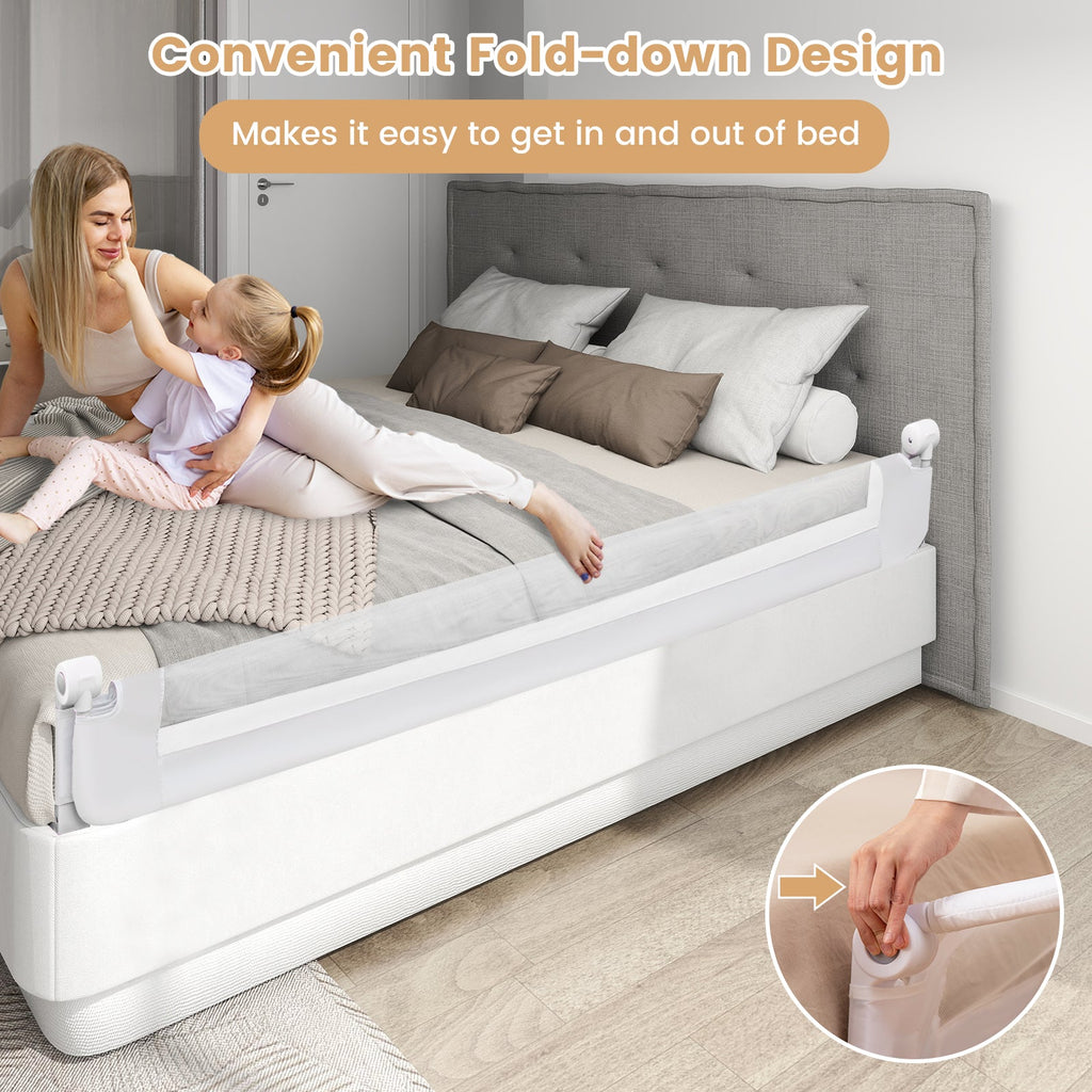 71-Inch Foldable Bed Rail Swing Down Baby Bed Guard Rail with Adjustable Safety Strap-White