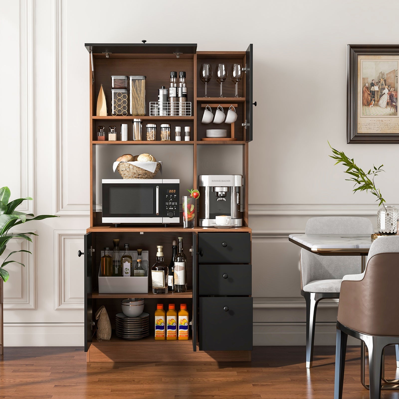 71 Inch Kitchen Pantry with 3 Storage Cabinet and 3 Deep Drawers