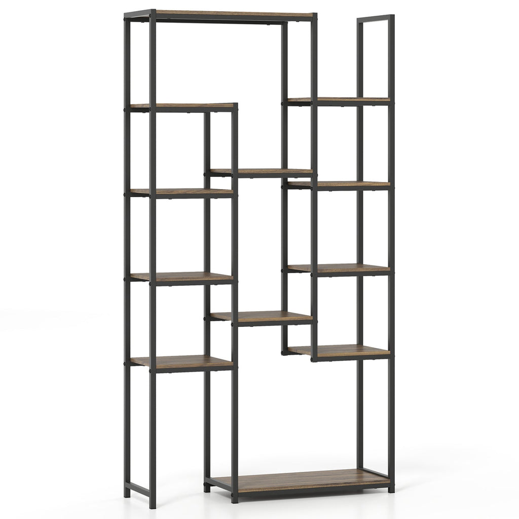 71 Inch Tall Vintage Geometric Bookshelf 12 Open Shelves-Walnut
