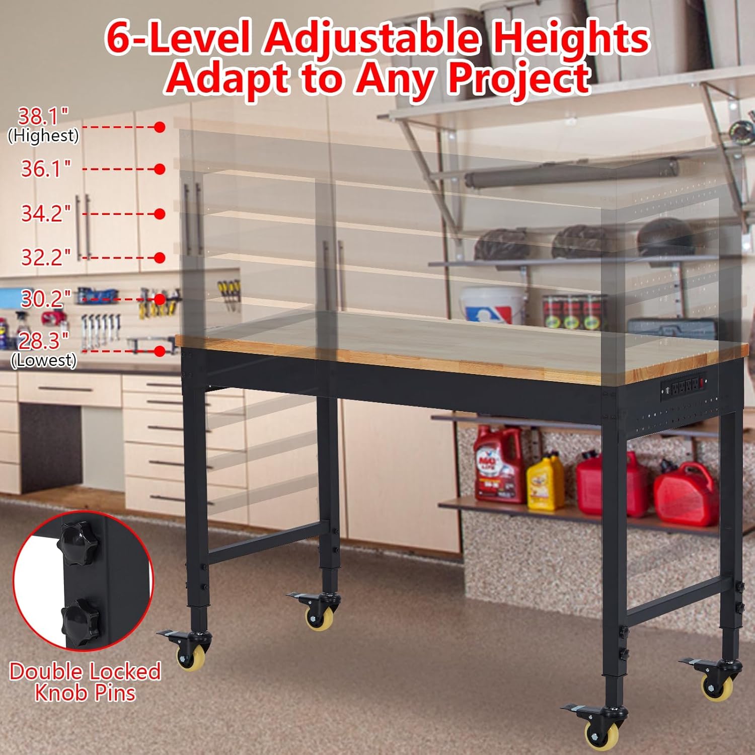 72" x 25" Heavy-Duty Adjustable Workbench with Power Outlets - 2000LB Capacity Garage Workbench, Rubberwood Top, Locking Wheels, Mobile Workstation for Workshop, Office & Home