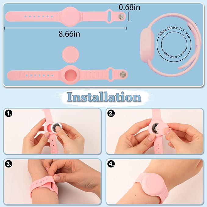 Kids Waterproof Airtag Bracelet Compatible with Apple AirTag, Hidden Silicon Protective Case for Air Tag GPS Tracker Holder, Adjustable Anti-Lost Watch Band for Toddler Child (Pink & Blue)