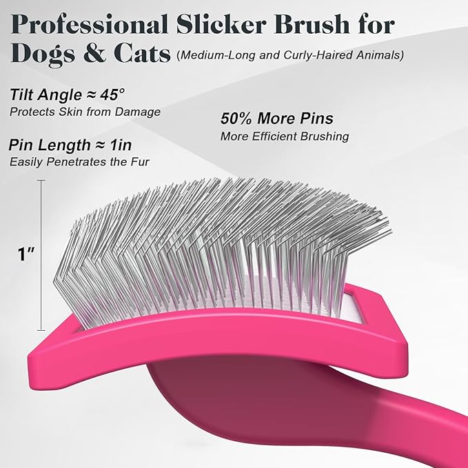 2PCS Slicker Brush for Dogs & Pet Comb,Professional Dog Grooming Brush (Goldendoodles,Poodles,Labradoodles) with Extra Long Pins to Effectively Remove Tangles, Knots and Mats (Pink)