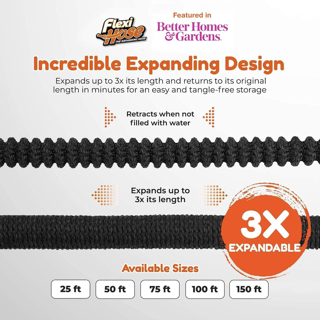 Flexi Hose PLUS with 8 Function Nozzle Expandable Garden Hose, Lightweight & No-Kink Flexible Garden Hose, 3/4 inch Solid Brass Fittings and Double Latex Core, 100 ft Black