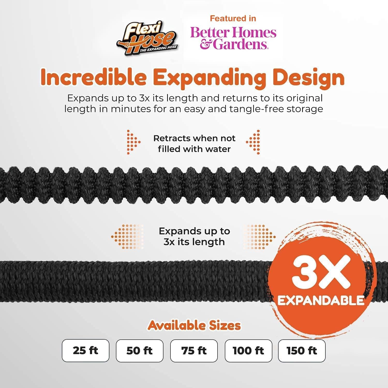 Flexi Hose PLUS with 8 Function Nozzle Expandable Garden Hose, Lightweight & No-Kink Flexible Garden Hose, 3/4 inch Solid Brass Fittings and Double Latex Core, 100 ft Black