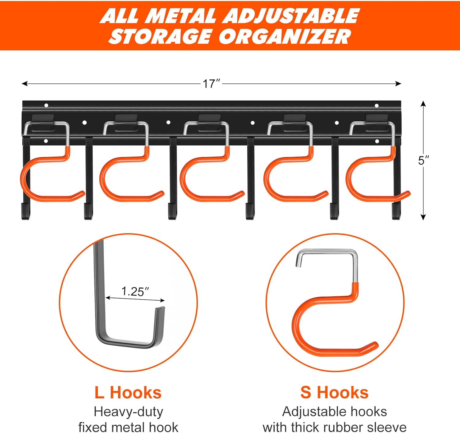68'' All Metal Garden Tool Organizer Wall Mount Garage Organizers and Storage with Hooks Tool Hangers for Shed