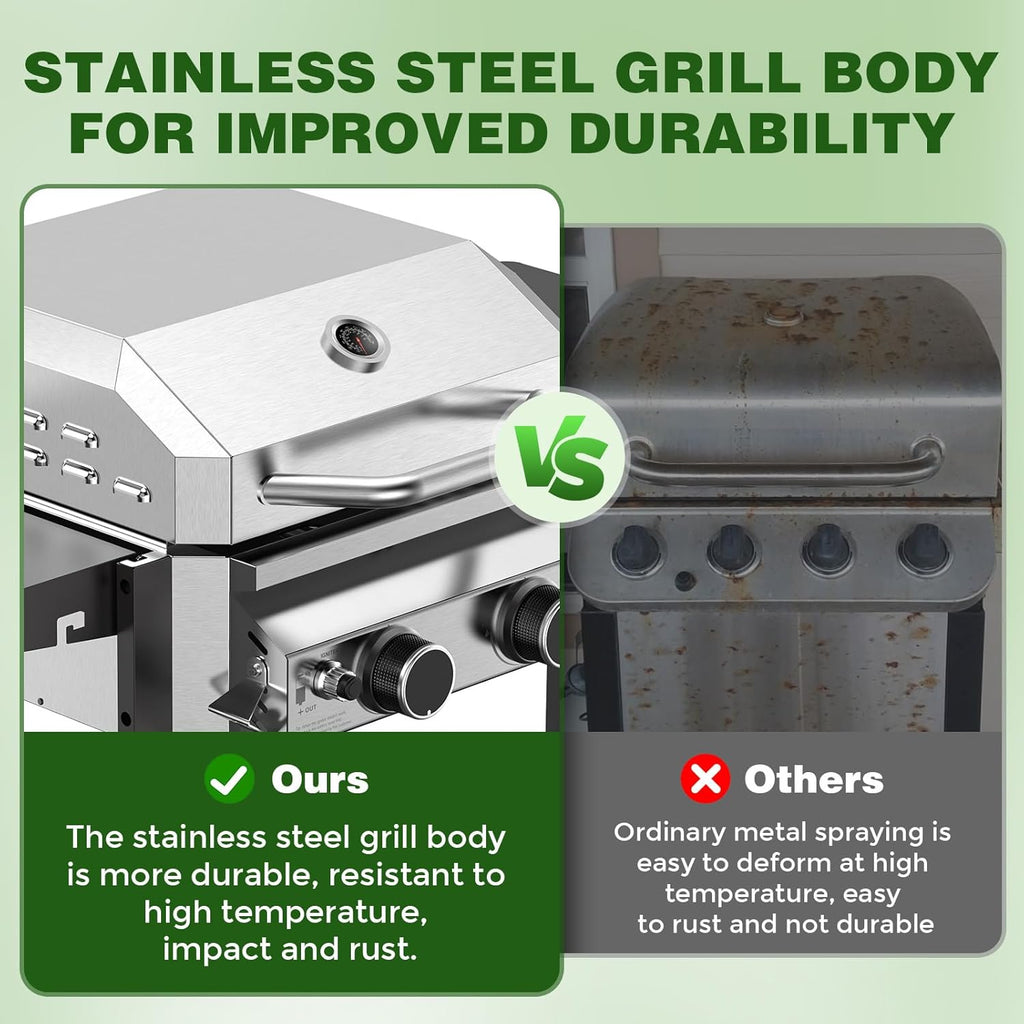 COWSAR 2-Burner Propane Gas Grill with Folding Side Tables,Stainless Steel 16,000 BTU BBQ Grill,Outdoor Grill for Barbecue,Patio,Camping