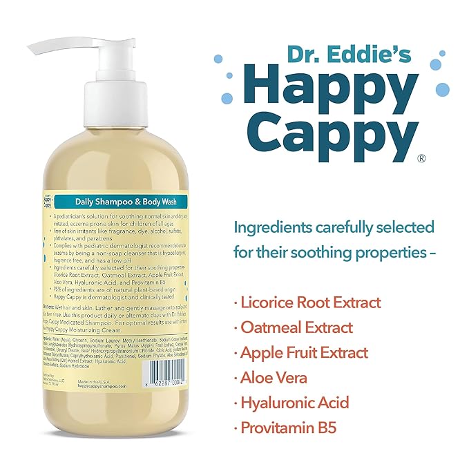 Happy Cappy Baby Shampoo and Body Wash - Eczema Body Wash for Kids & Toddlers, Helps with Dryness, Reduces Itching and Redness, Dermatologist Tested, Fragrance Free - 8 Fl Oz (Pack of 3)
