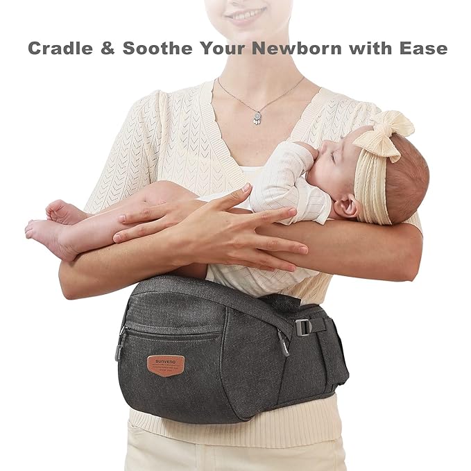 SUNVENO Baby Hip Carrier with Hip Seat, CPC-Certified, Ergonomic Infant Carrier for Newborns & Toddlers up to 45 lbs, Adjustable Waistband, Multiple Pockets, All-Season, Grey