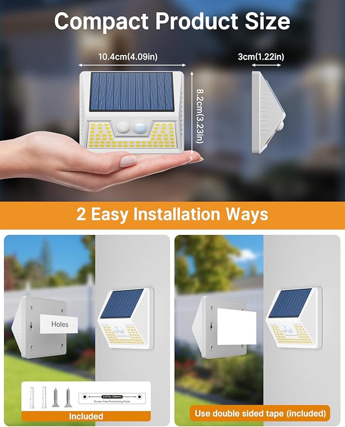 4 Pack Solar Fence Lights Waterproof, Motion Sensor Deck Lights Outdoor, Cold White LED Outside Lights Wireless for Wall Yard Steps Stairs Garden - White