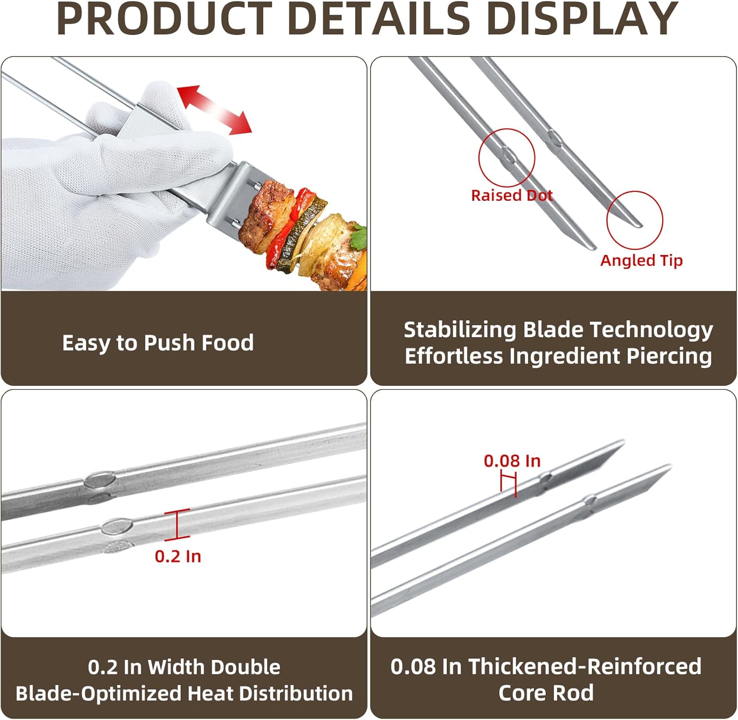 Skewers for Grilling, 17inch （6PCS）Double Fork Flat Stainless Steel Kabob Skewers with Slider, Reusable Metal BBQ Skewer for Meat, Vegetable, BBQ Accessories