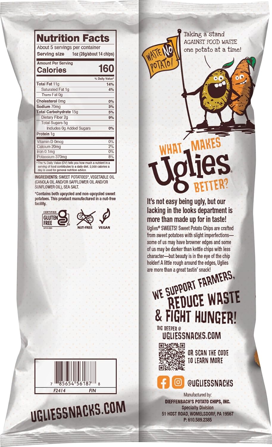 Uglies Sweet Potato Chips, Sea Salt, 5.5 oz, Pack of 12