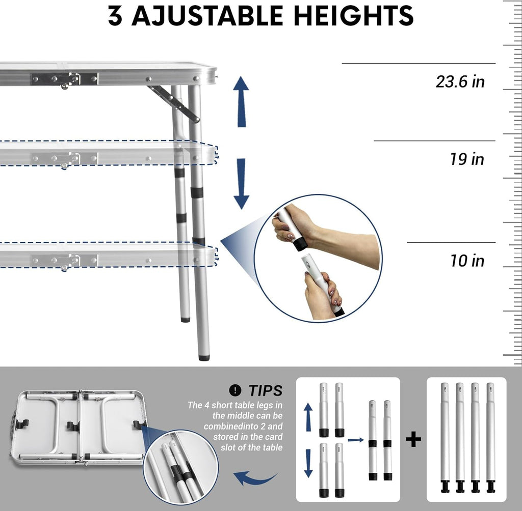 Small Folding Table 2FT Lightweight Portable Aluminum Camping Table for Picnic and Camping Mini Foldable with Adjustable Extended Height,Silver