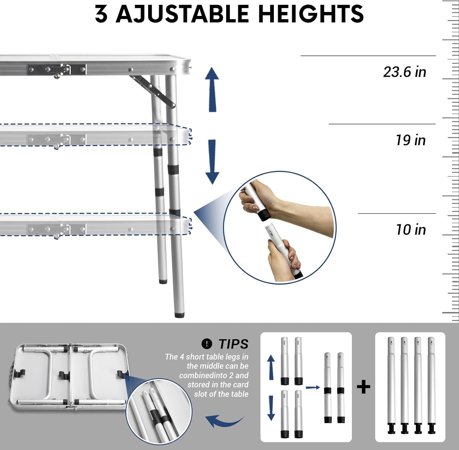 Small Folding Table 2FT Lightweight Portable Aluminum Camping Table for Picnic and Camping Mini Foldable with Adjustable Extended Height,Silver