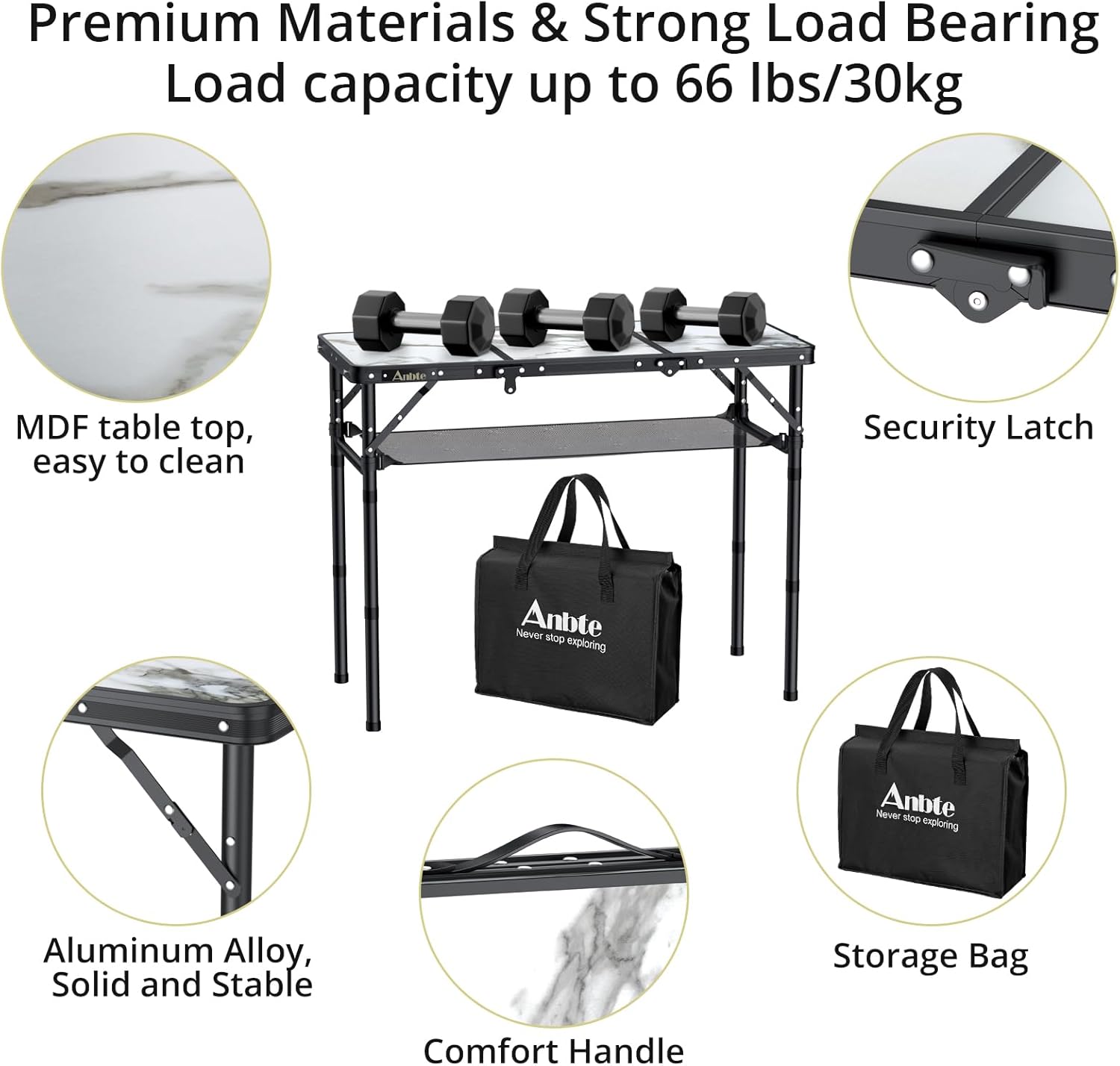 Folding Camping Table, Aluminum Small Folding Table 3 Adjustable Height Max 27.5", Portable Table with Carry Handle, Lightweight, for Outdoor Indoor Travel Camping Picnic BBQ, 34.6" x 15.7"