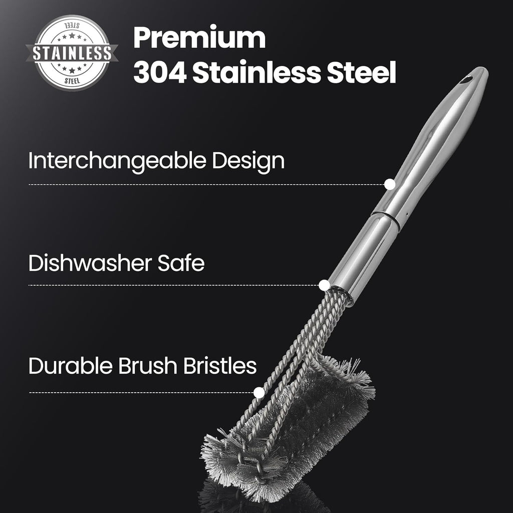 Stainless Steel Grill Brush Cleaning Kit, Grilling Accessories, Interchangeable BBQ Brush & Griddle Scraper with Fire-Resistant Cleaning Sponge, Dishwasher Safe Grill Cleaner, BBQ Accessories