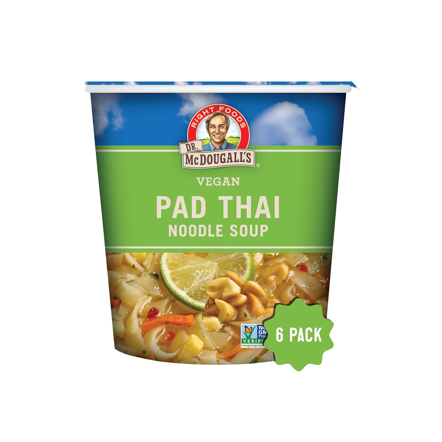 Dr. McDougall's Plant-Based Pad Thai Noodle Soup Big Cup, Pack of 6, 2 Oz.