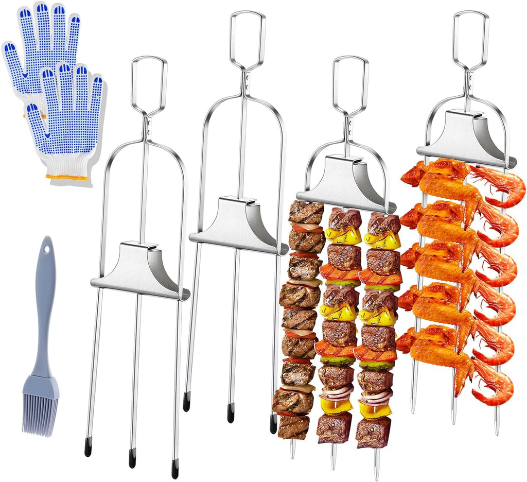 4PCS Kabob Skewers for Grilling, 14'' Stainless Steel Kebab Skewers, 3 Prong Metal Grill Skewer with Push Bar Slider, Skewer Sticks for Meat Veggies Fruits Marshmallows, BBQ Barbecue Accessories