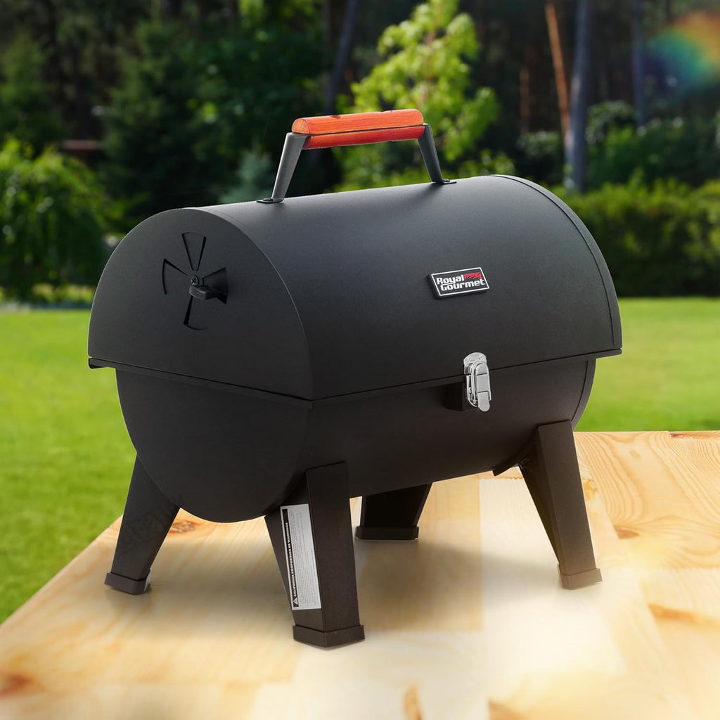 Royal Gourmet CC1619 Portable Tabletop Charcoal Grill, Convertible Lid-to-Grill Zone, Outdoor Compact Barrel BBQ Grill with 217 Sq. In. Grilling Space for Backyard, Patio and Parties, Black