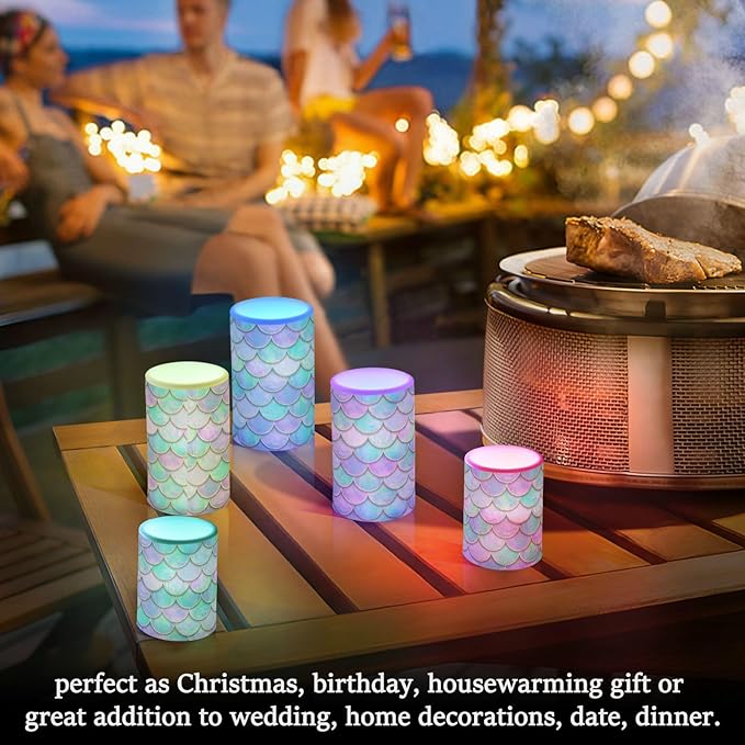 Vdsrup Flameless Candles Set of 2 Purple Teal LED Candles with Timer Battery Operated Mermaid Scale Candle Lights Flickering with Remote for Home Bedroom Decor