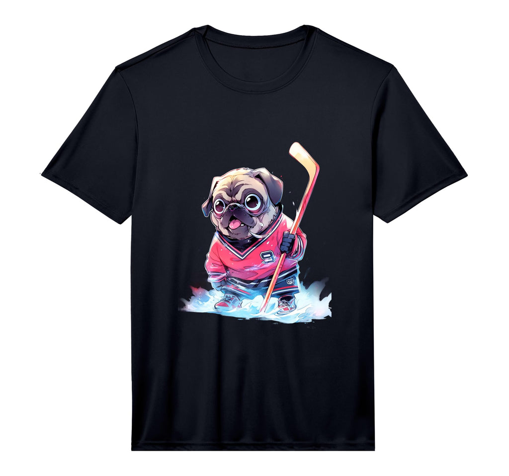 Pug Ice Hockey Player Dog Hockey Stick T-Shirt - Fun Novelty Design Unisex