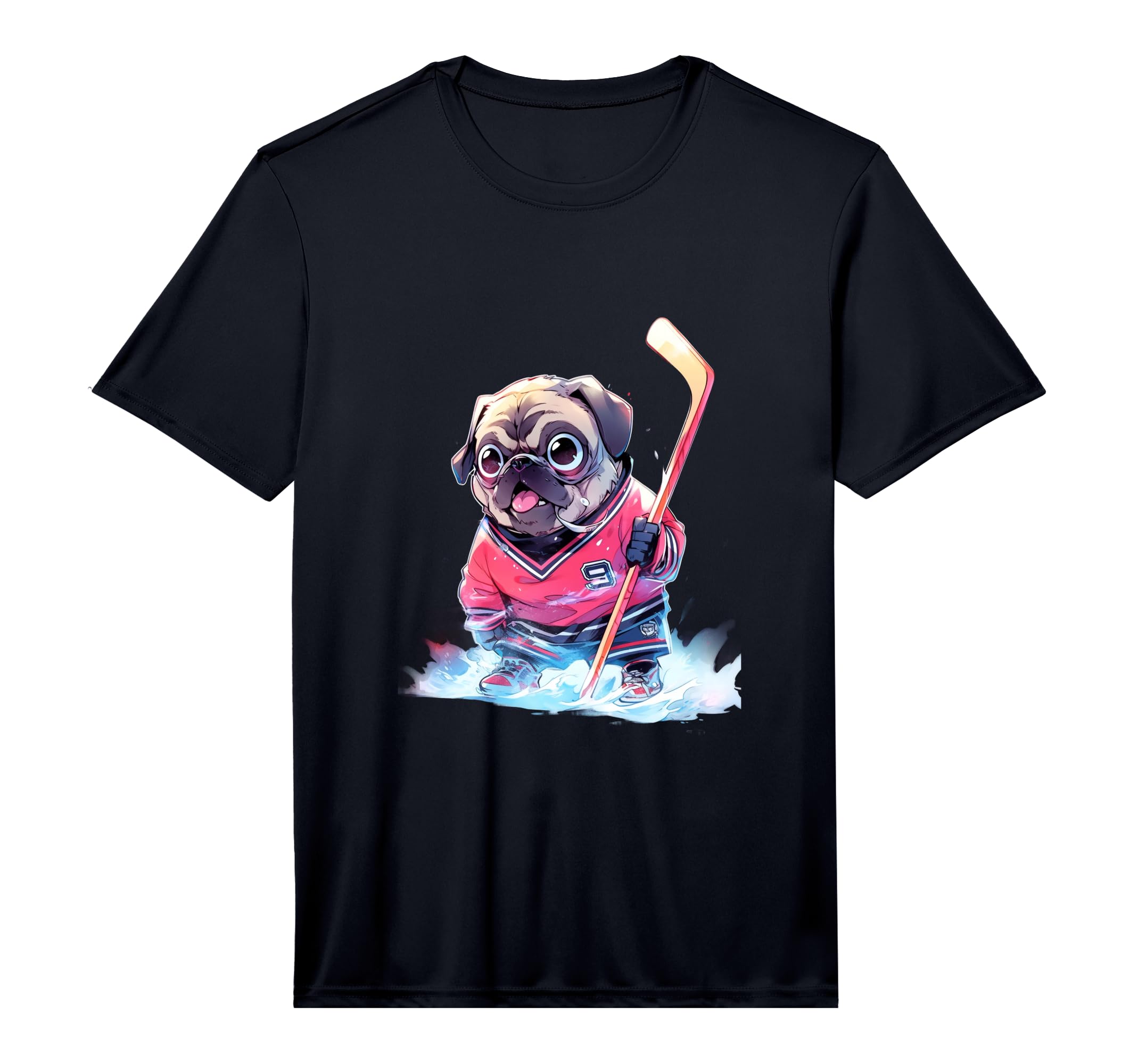 Pug Ice Hockey Player Dog Hockey Stick T-Shirt - Fun Novelty Design Unisex